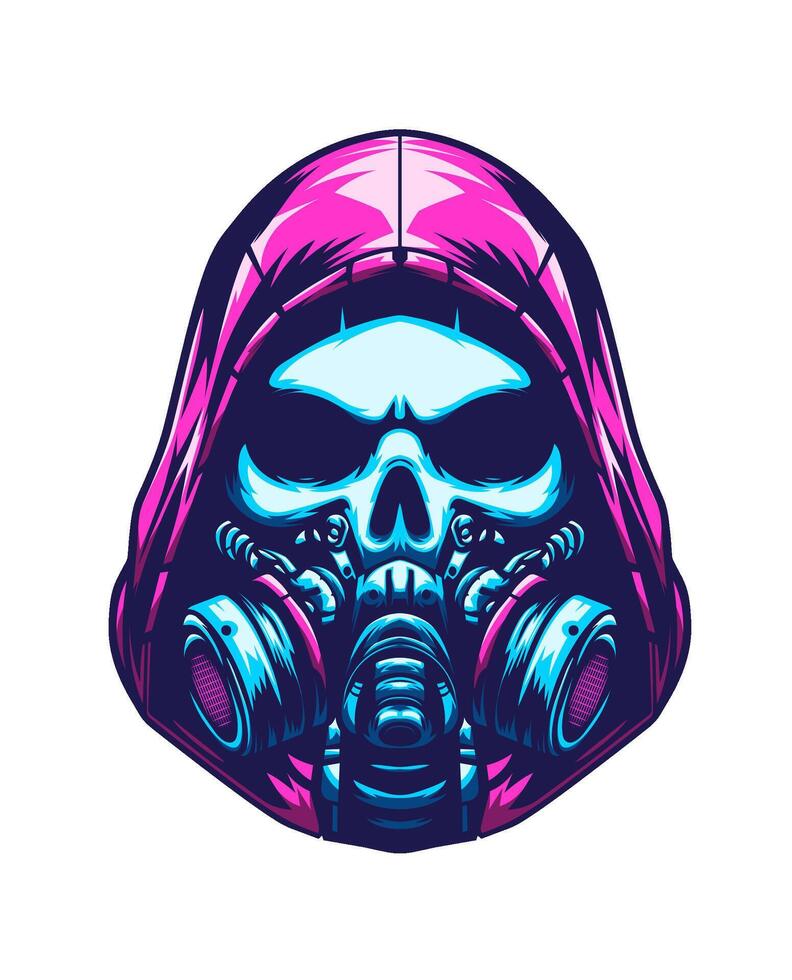 futuristische menselijk schedel hacker vervelend capuchon en gas- masker, neon kleur, wit achtergrond, logo, embleem, t shirt, artwork hand- getrokken illustratie vector