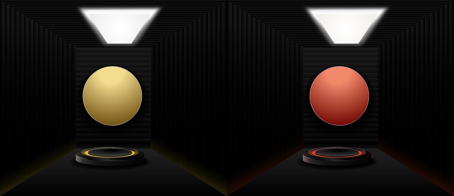 donker sci fi futuristische cyber stadium podium neon rood en geel gloeiend modern toonzaal Product vitrine geïsoleerd Aan zwart achtergrond. vector illustratie