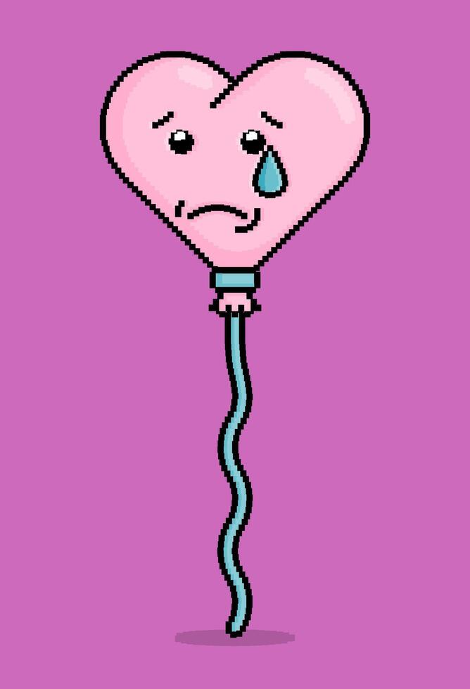 emoji in pixel kunst illustratie van een verdrietig hartvormig ballon terwijl vergieten tranen. kan worden gebruikt voor stickers, speelgoed, valentijn, daten, uitnodiging, t shirt, kleding vector