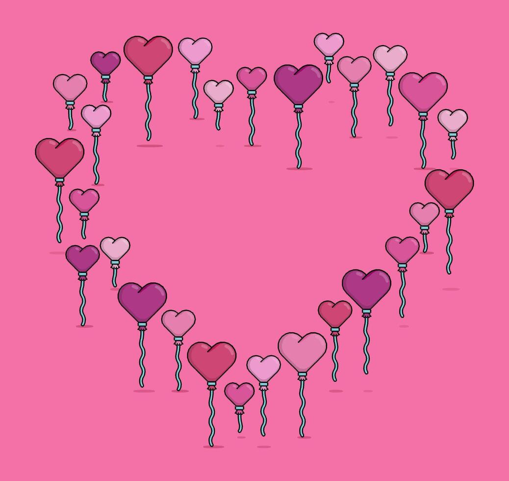 roze hart vormig ballonnen verzameld naar het formulier een hart of liefde teken voor Valentijn evenementen in pixel illustratie. kan worden gebruikt voor Valentijn handelswaar, t shirt, sticker, banier, poster vector