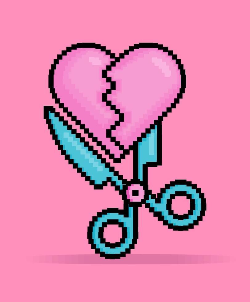 8 beetje pixel illustratie van liefde teken of roze hart besnoeiing door schaar metafoor van een gebroken relatie. kan worden gebruikt voor sticker, t shirt, geschenk, dating uitnodiging, poster, Valentijn groet vector