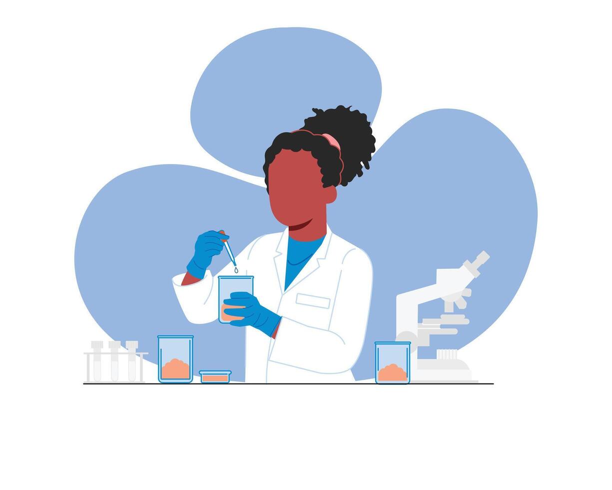 Afrikaanse Amerikaans wetenschapper werken in laboratorium. vector illustratie in vlak stijl
