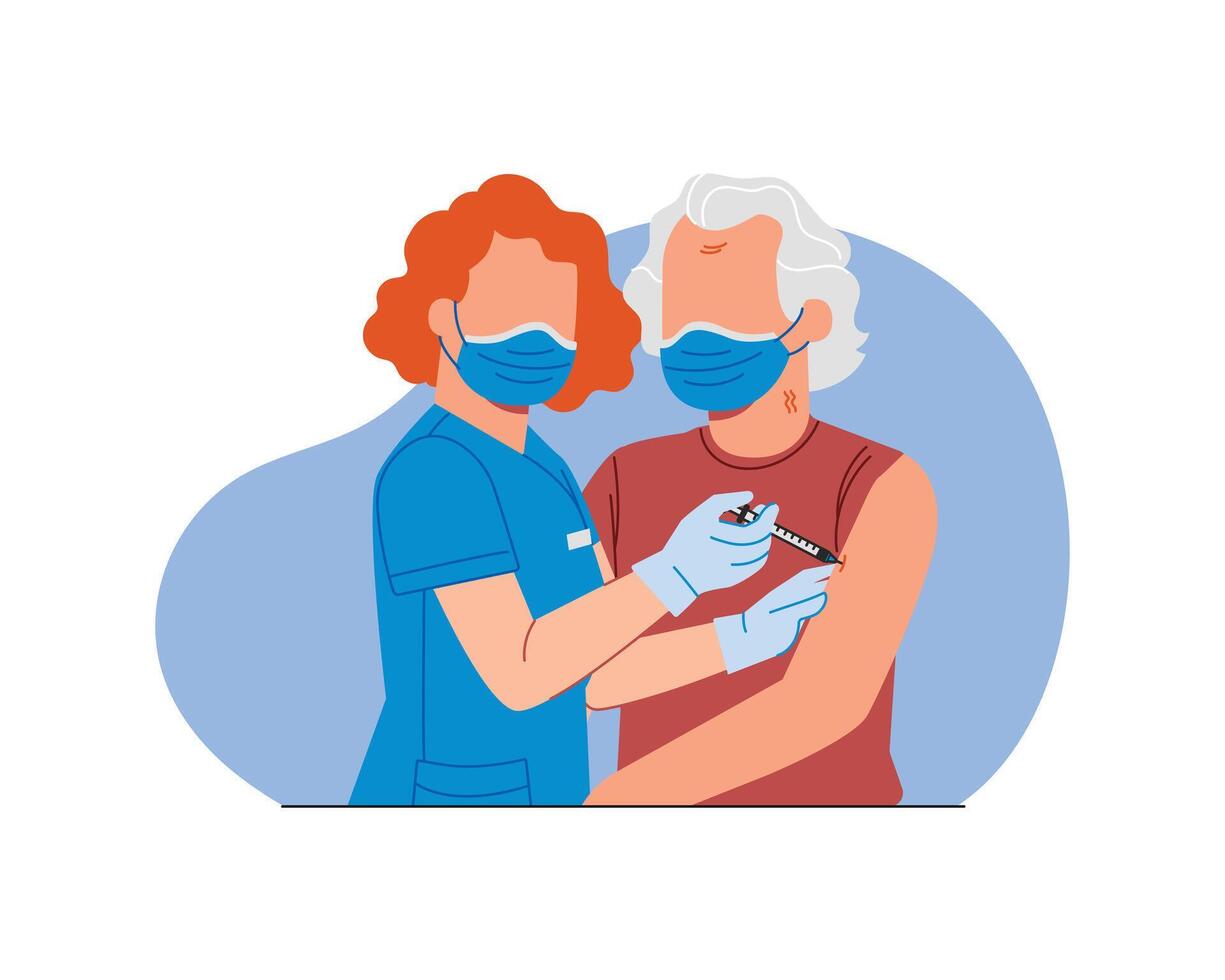 verpleegster vaccineren oud vrouw in gezicht masker, vector illustratie ontwerp voor Gezondheid zorg en medisch concept