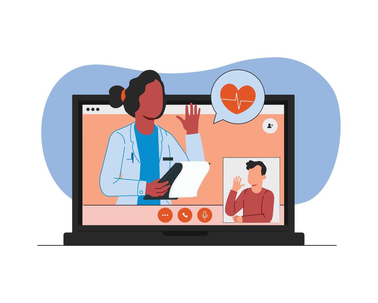 online medisch overleg. vrouw dokter en geduldig in video telefoongesprek. vector illustratie in vlak stijl