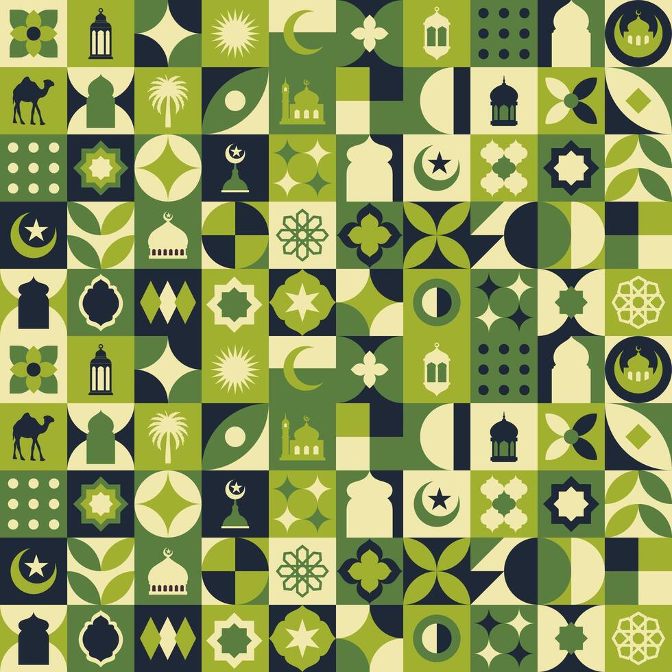 meetkundig stijl kleurrijk Islamitisch Ramadan kareem banier, poster ontwerp, patroon en meetkundig achtergrond. moskee, maan, koepel en lantaarns. minimalistisch illustraties vector