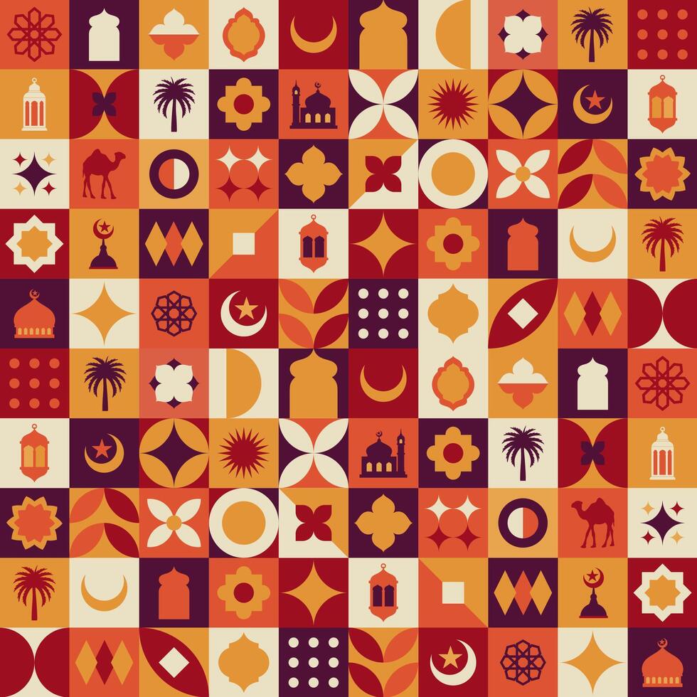 meetkundig stijl kleurrijk Islamitisch Ramadan kareem banier, poster ontwerp, patroon en meetkundig achtergrond. moskee, maan, koepel en lantaarns. minimalistisch illustraties vector