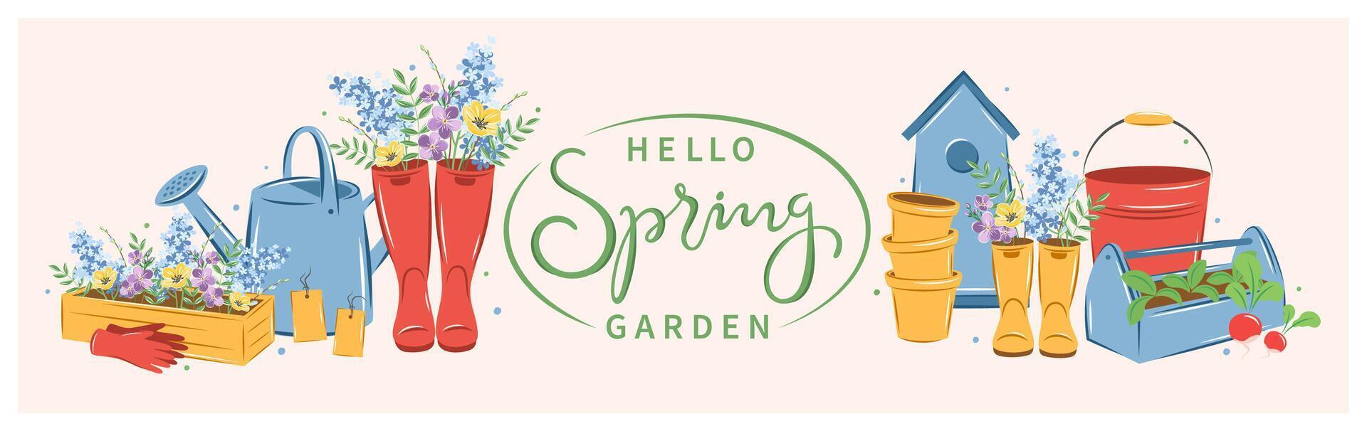tuinieren, groeit planten, agrarisch hulpmiddelen. Hallo voorjaar tuin tekst. vector illustratie.