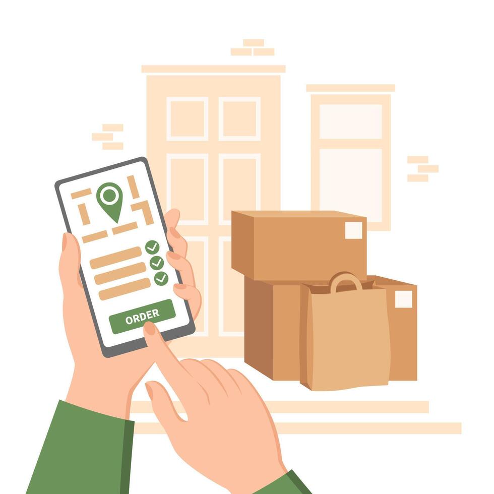 contactloos levering onderhoud. de pakket en dozen zijn De volgende naar de deur naar de huis. online levering telefoon. vector illustratie.