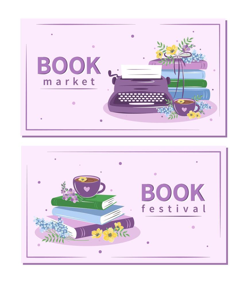 boek festival en markt. wijnoogst schrijfmachine, boeken, kop koffie of thee met met voorjaar bloemen. vector illustratie voor banier, poster, advertentie