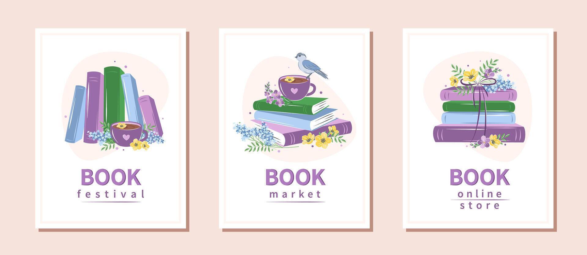 reeks van lay-out ontwerp voor boekhandel, bibliotheek, boekhandel, festival of onderwijs. boeken met voorjaar bloemen. vector illustratie