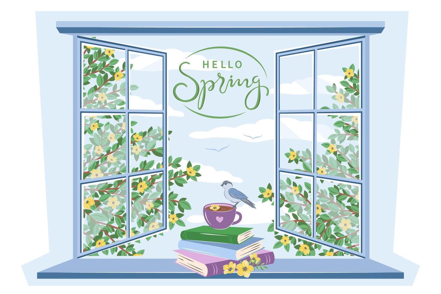 Hallo de lente. boeken, kop van thee of koffie en een vogel in de buurt voorjaar venster. vector illustratie