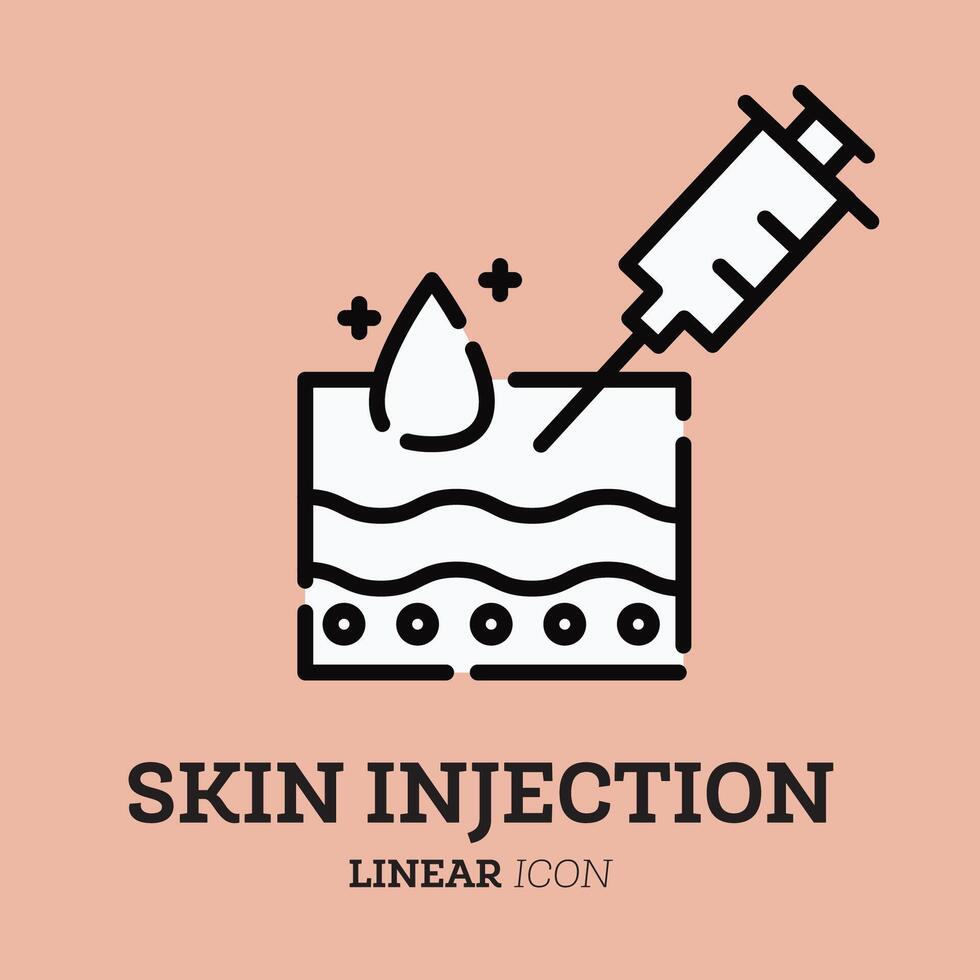 huid injectie. lineair icoon met injectiespuit en structuur van huid. medisch, dermatologie behandeling vaccin, vulmiddel, hyaluronzuur zuur. huid zorg. vector