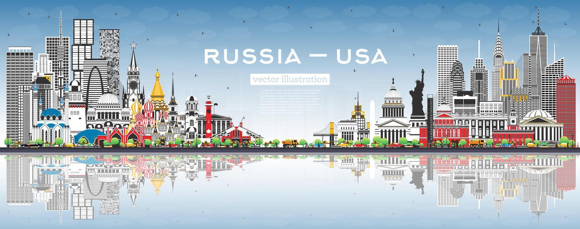 Rusland en Verenigde Staten van Amerika horizon met grijs gebouwen en blauw lucht. beroemd oriëntatiepunten. Verenigde Staten van Amerika en Rusland concept. diplomatiek relaties tussen landen. vector