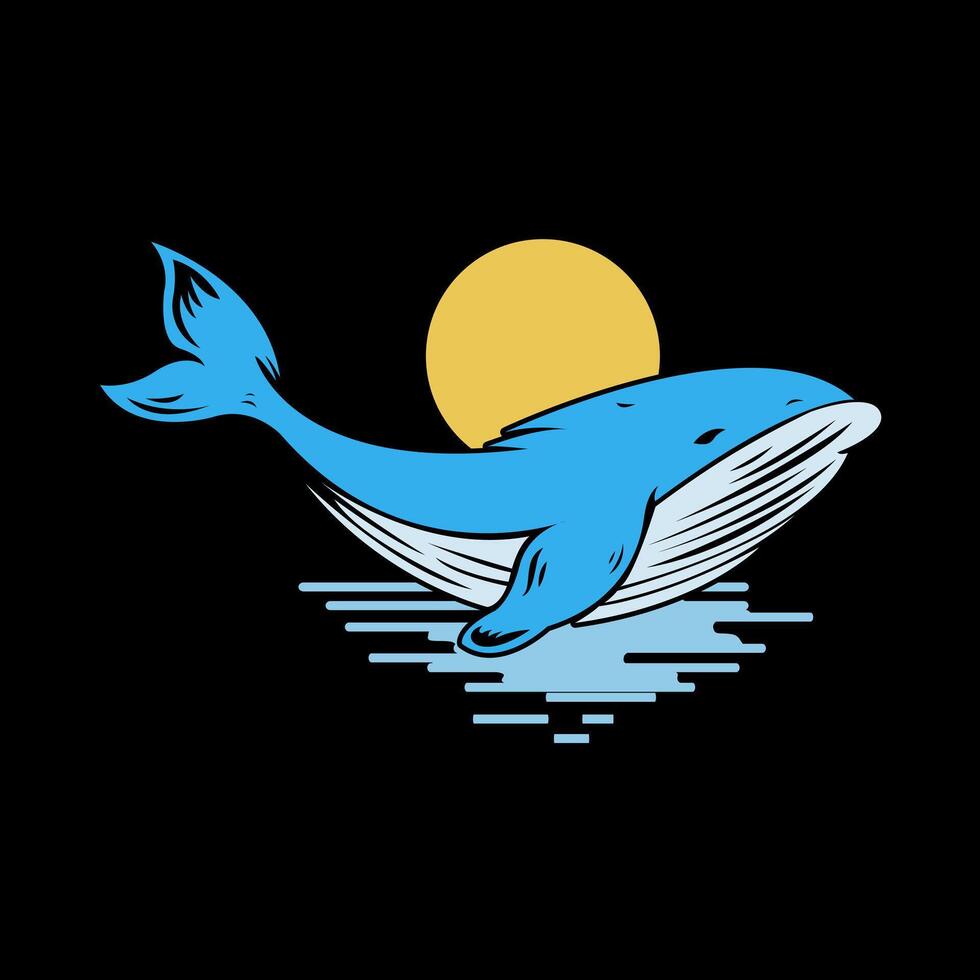 een blauw walvis is zwemmen in de oceaan met de zon in de achtergrond vector