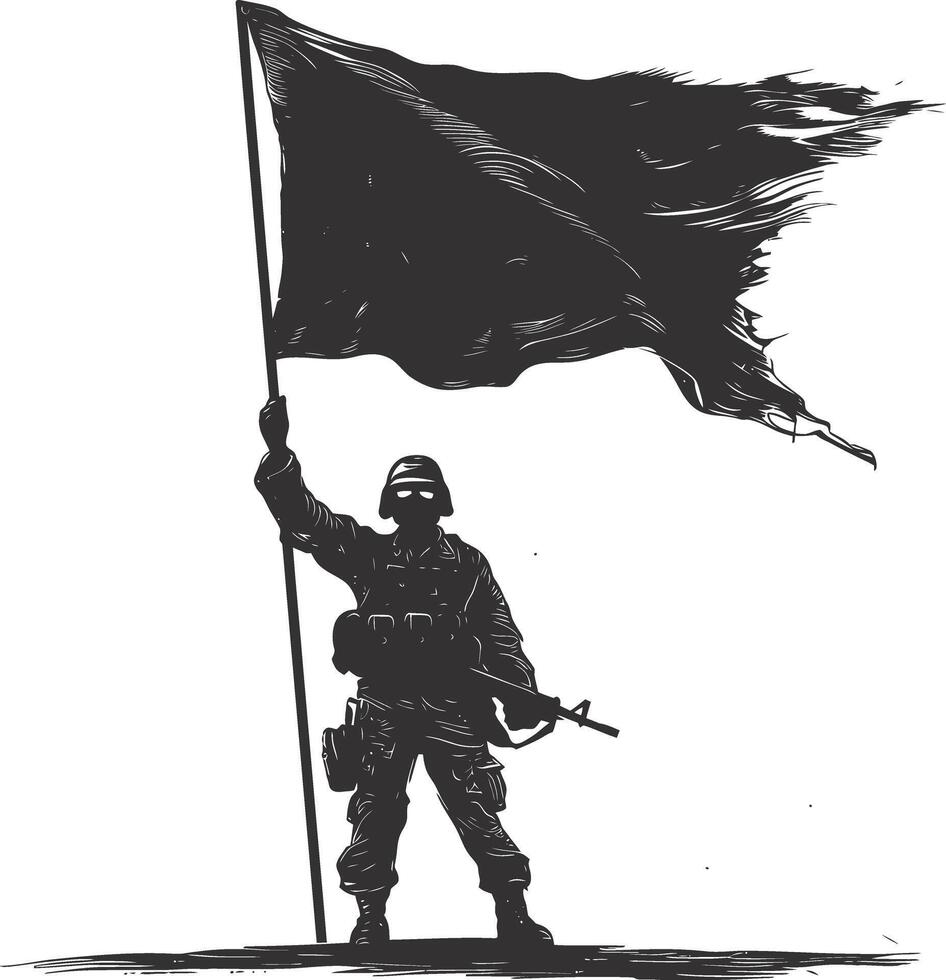 ai gegenereerd silhouet soldaten of leger houding in voorkant van de zwart vlag zwart kleur enkel en alleen vector