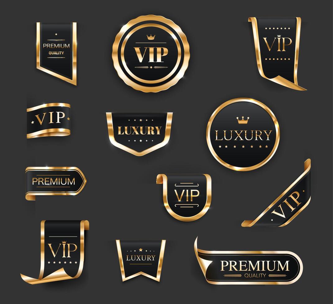 gouden luxe vip etiketten, spandoeken, linten, tags vector