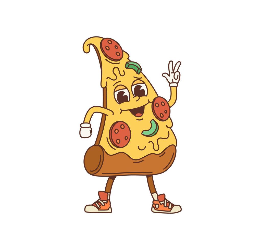 tekenfilm pizza plak groovy snel voedsel karakter vector