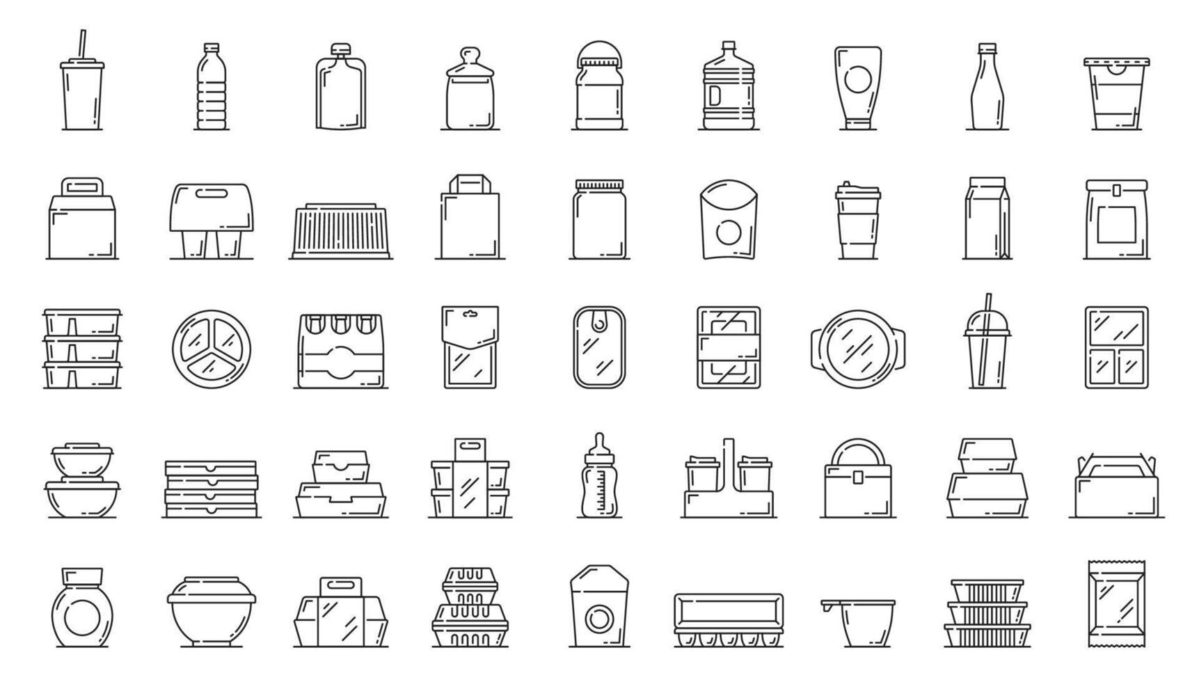 plastic voedsel containers, beschikbaar pakketjes pictogrammen vector