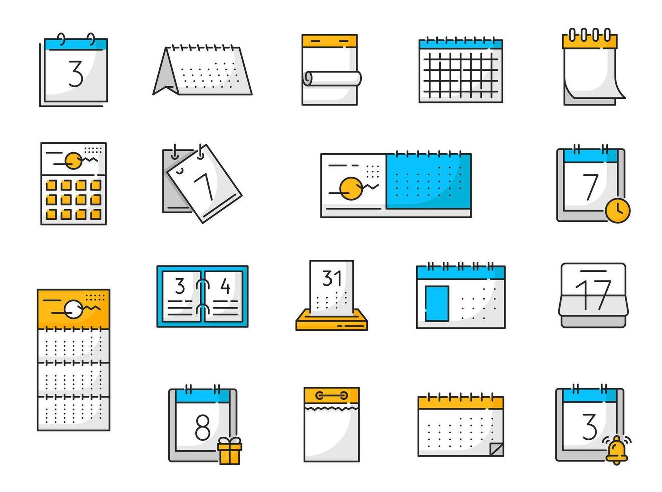 afscheuren en bindmiddel kalender dun lijn pictogrammen reeks vector