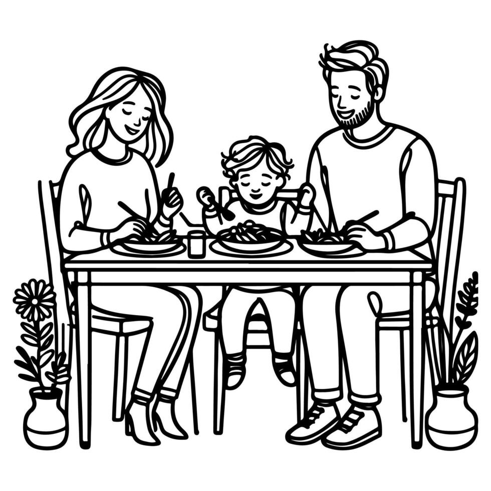 doorlopend een zwart lijn kunst tekening gelukkig familie vader en moeder met kind. hebben avondeten zittend Bij tafel doodles stijl vector illustratie Aan wit achtergrond