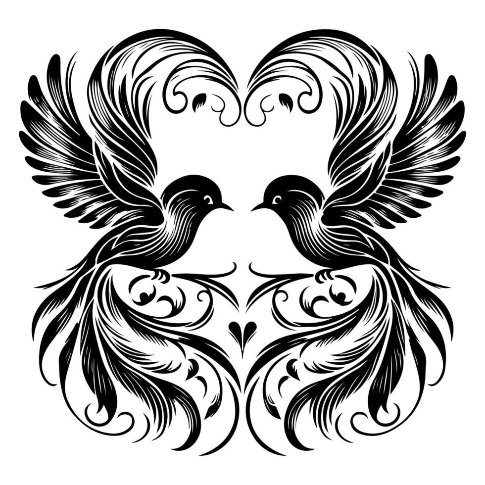vogelstand vlieg naar maken een hart vorm van liefde. hand- tekening geboorte silhouet zwart schets kunst geïsoleerd Aan wit achtergrond, vector illustratie