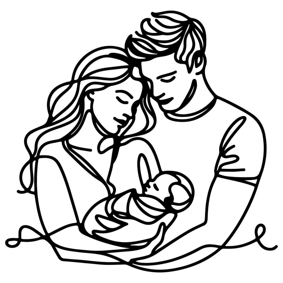 doorlopend een zwart lijn kunst tekening ouders met pasgeboren baby doodles schets stijl vector illustratie Aan wit achtergrond