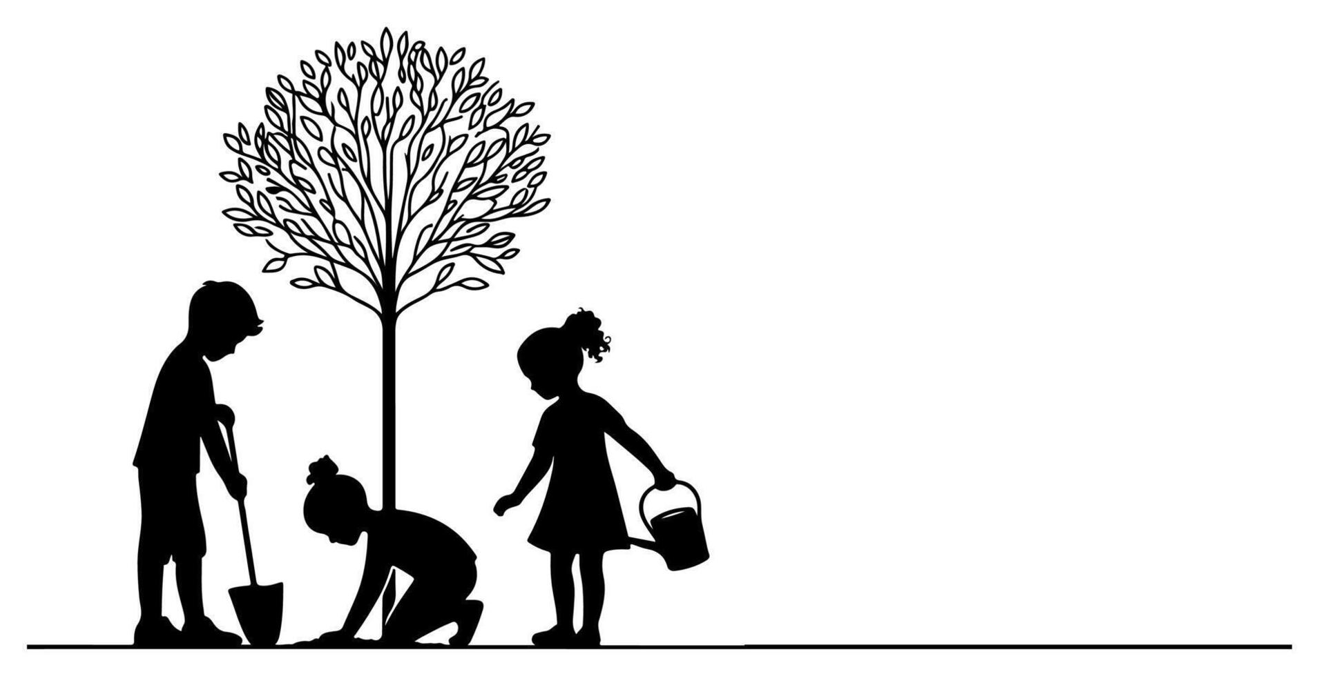 doorlopend een zwart lijn kunst tekening silhouet van kinderen aanplant boom. Schep opgravingen wortels fabriek in grond naar opslaan de wereld en aarde dag verminderen globaal opwarming groei vector