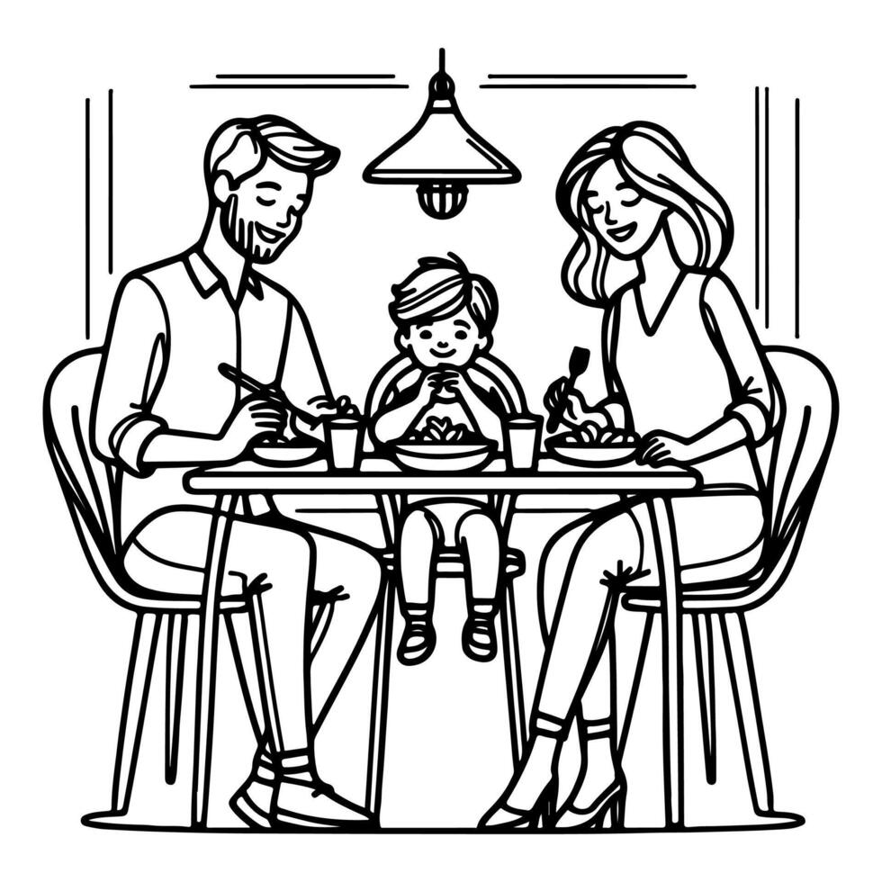 doorlopend een zwart lijn kunst tekening gelukkig familie vader en moeder met kind. hebben avondeten zittend Bij tafel doodles stijl vector illustratie Aan wit achtergrond