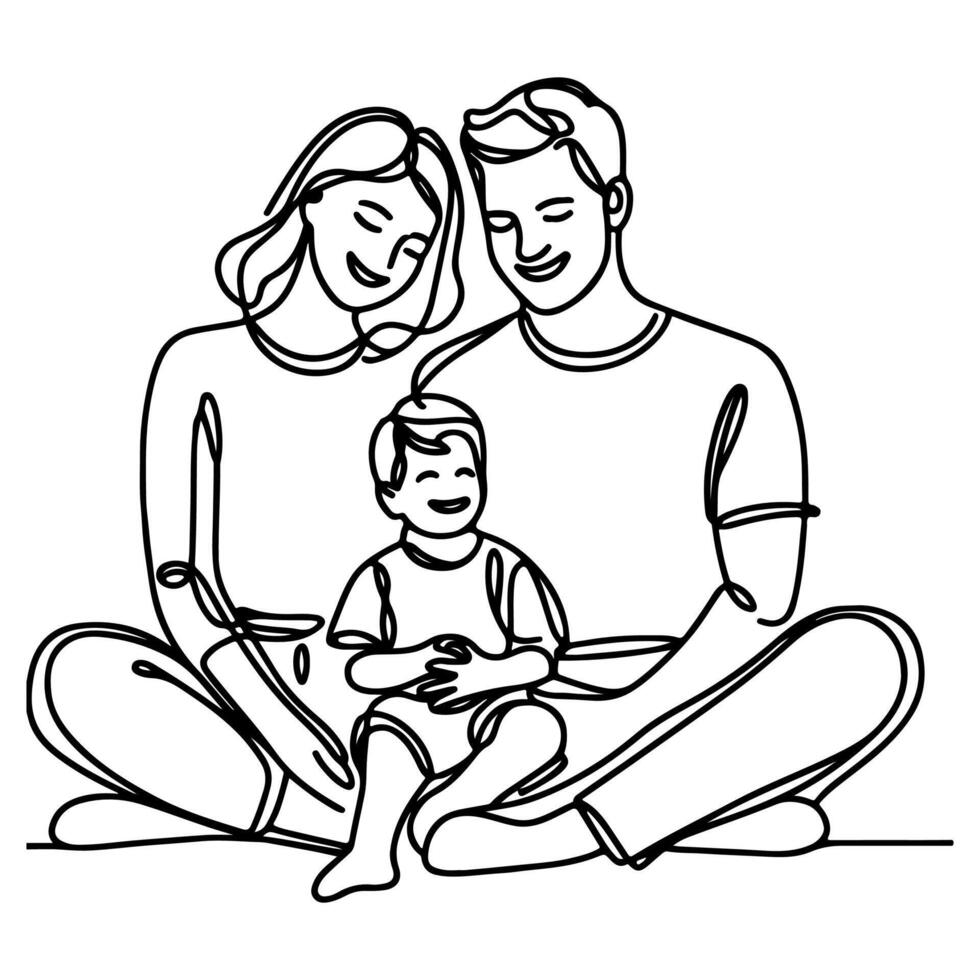 doorlopend een zwart lijn kunst tekening gelukkig familie vader en moeder met kind doodles stijl vector illustratie Aan wit