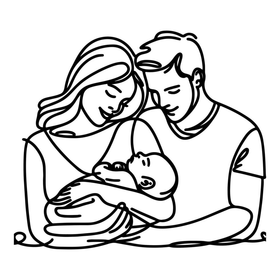 doorlopend een zwart lijn kunst tekening ouders met pasgeboren baby doodles schets stijl vector illustratie Aan wit achtergrond