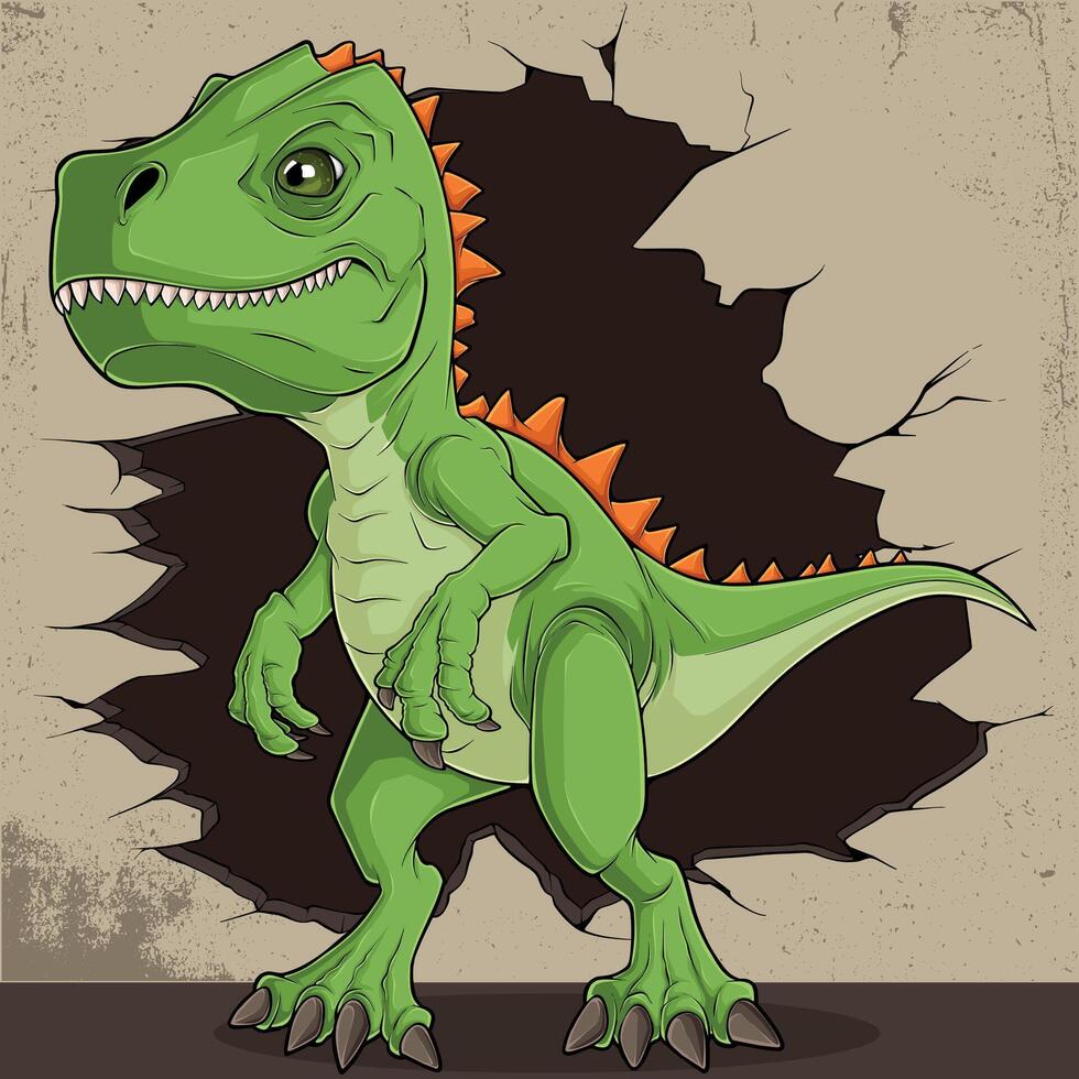 hand getekend grappig t-rex groen dinosaurus breken door een muur vector