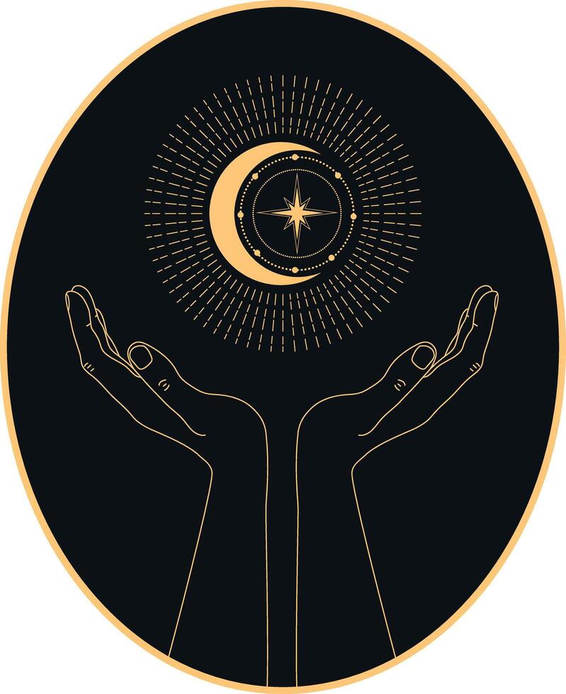 abstract hemel- embleem met menselijk handen Holding schijnend halve maan en ster. vector illustratie