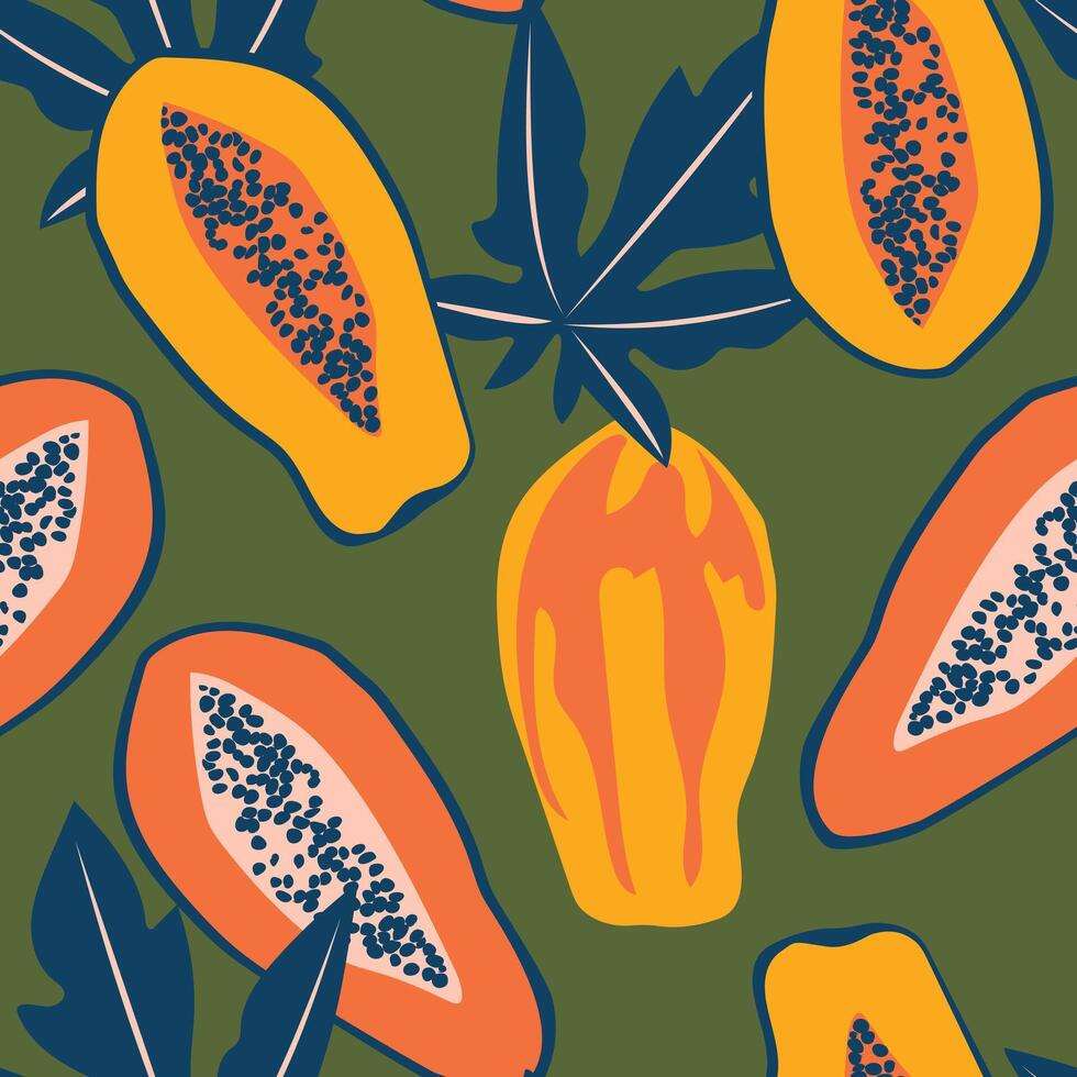 papaja patroon. tropisch sappig rijp exotisch fruit het formulier een naadloos patroon voor textiel met een groen achtergrond. vector. vector