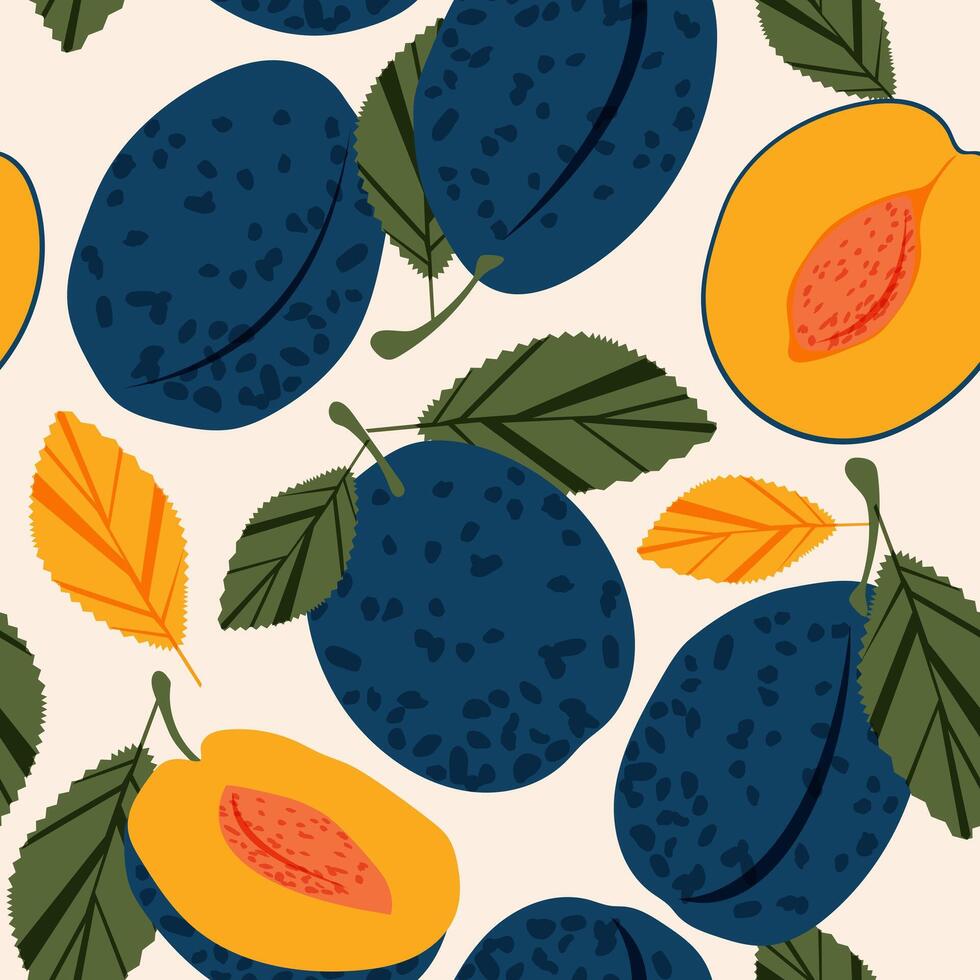 sappig donker blauw pruimen. zomer tropisch uitstraling met fruit plakjes naadloos patroon voor modern stoffen en textiel. vector. vector