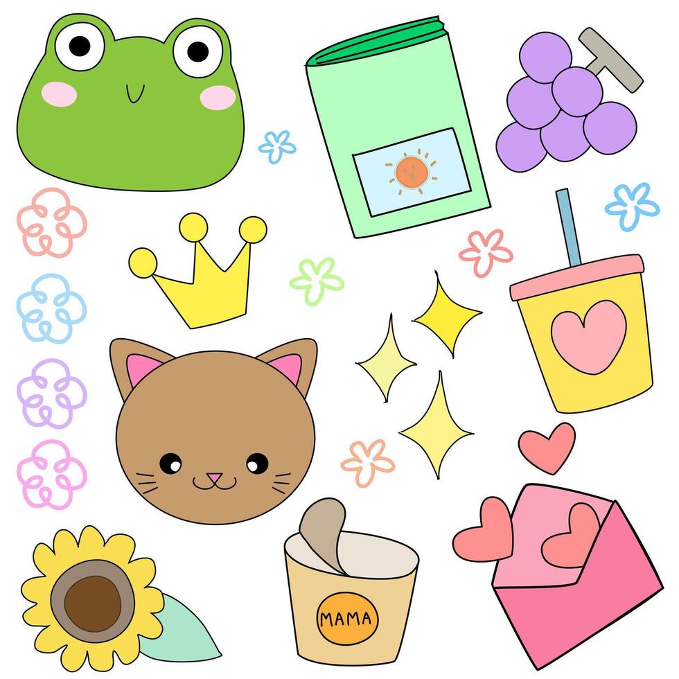 schattig kat, bloemen, snoepgoed en andere elementen. vector illustratie.