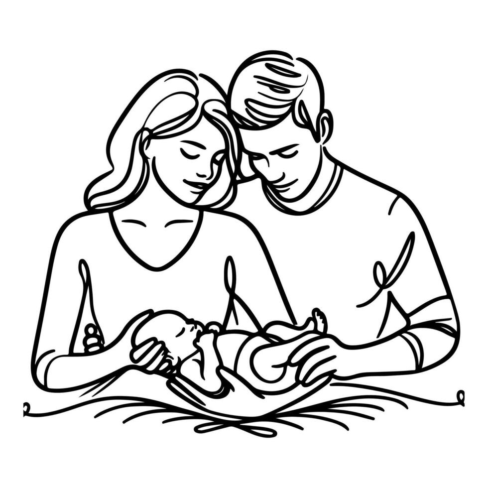 doorlopend een zwart lijn kunst tekening ouders met pasgeboren baby doodles schets stijl vector illustratie Aan wit achtergrond