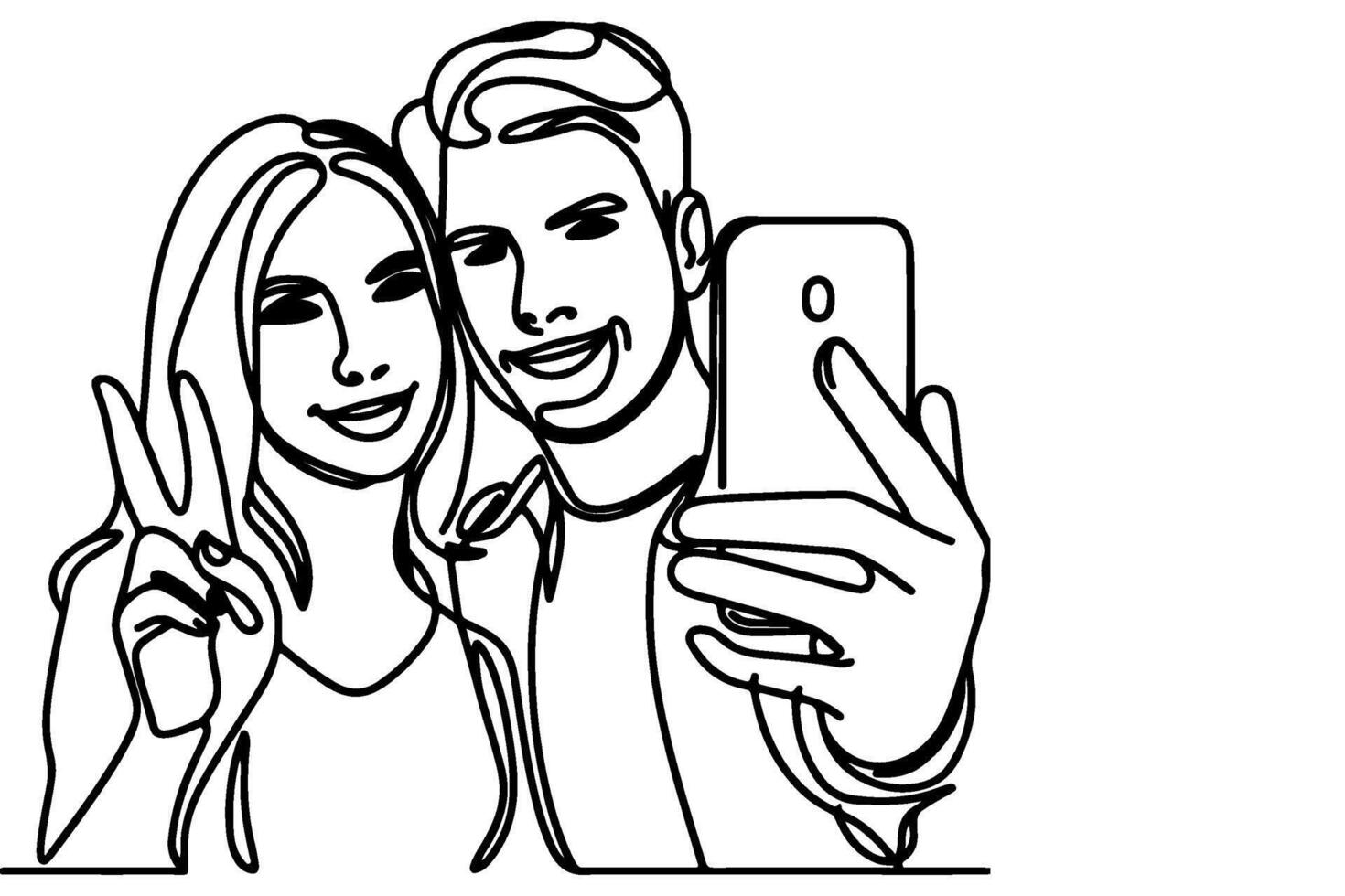 doorlopend een zwart lijn kunst tekening vrolijk jong Mens en meisje Holding smartphone naar nemen acteren selfie of video telefoontje door mobiel telefoon schets tekening vector familie reizen concept