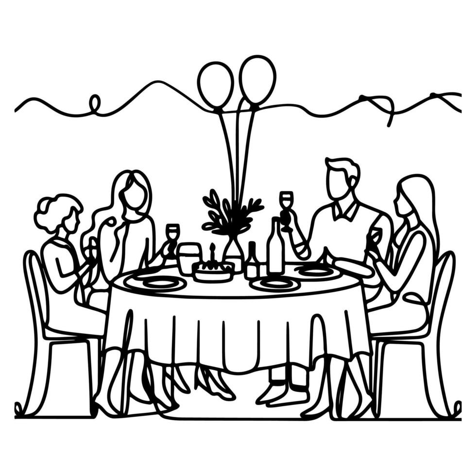 single doorlopend tekening zwart lijn familie avondeten zittend Bij tafel naar viering verjaardag verjaardag partij doodles vector