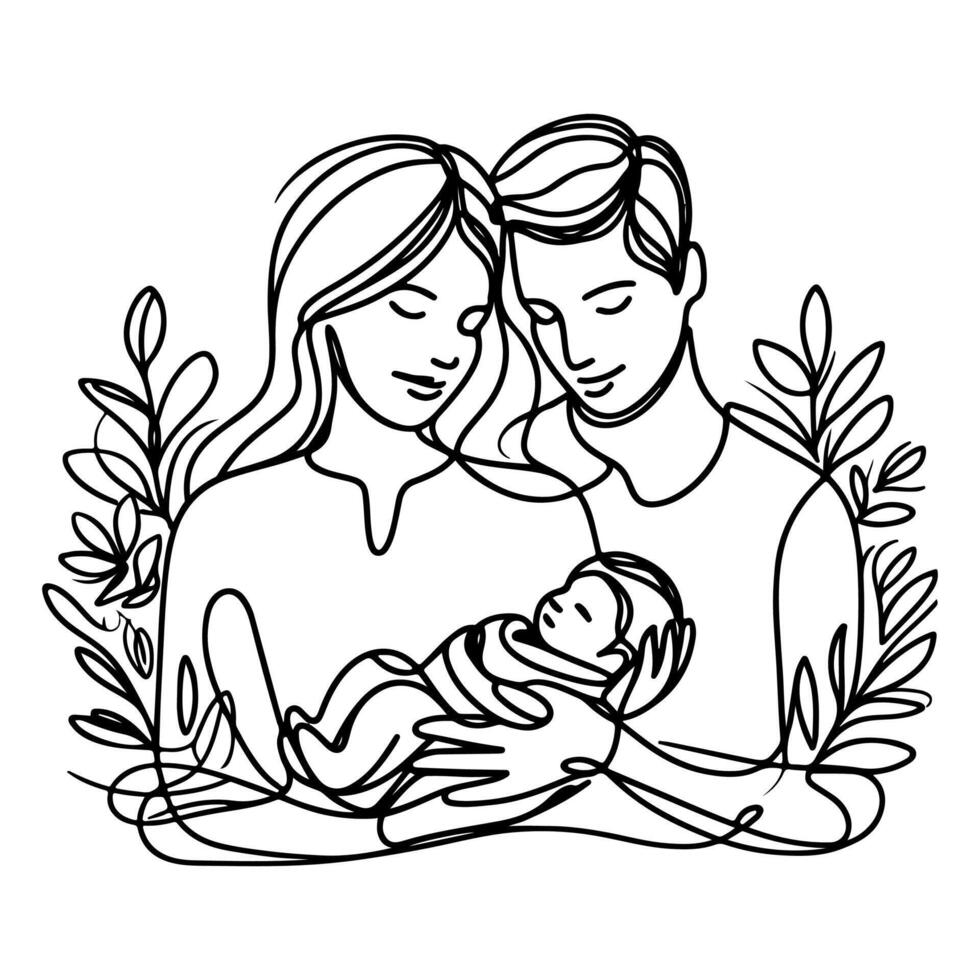 doorlopend een zwart lijn kunst tekening ouders met pasgeboren baby doodles schets stijl vector illustratie Aan wit achtergrond