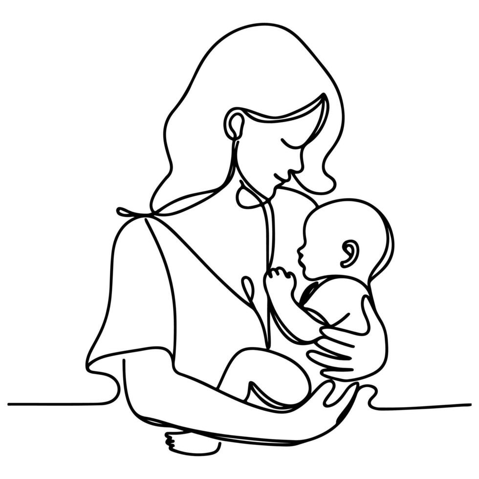 doorlopend een zwart lijn kunst tekening ouders met pasgeboren baby doodles schets stijl vector illustratie Aan wit achtergrond