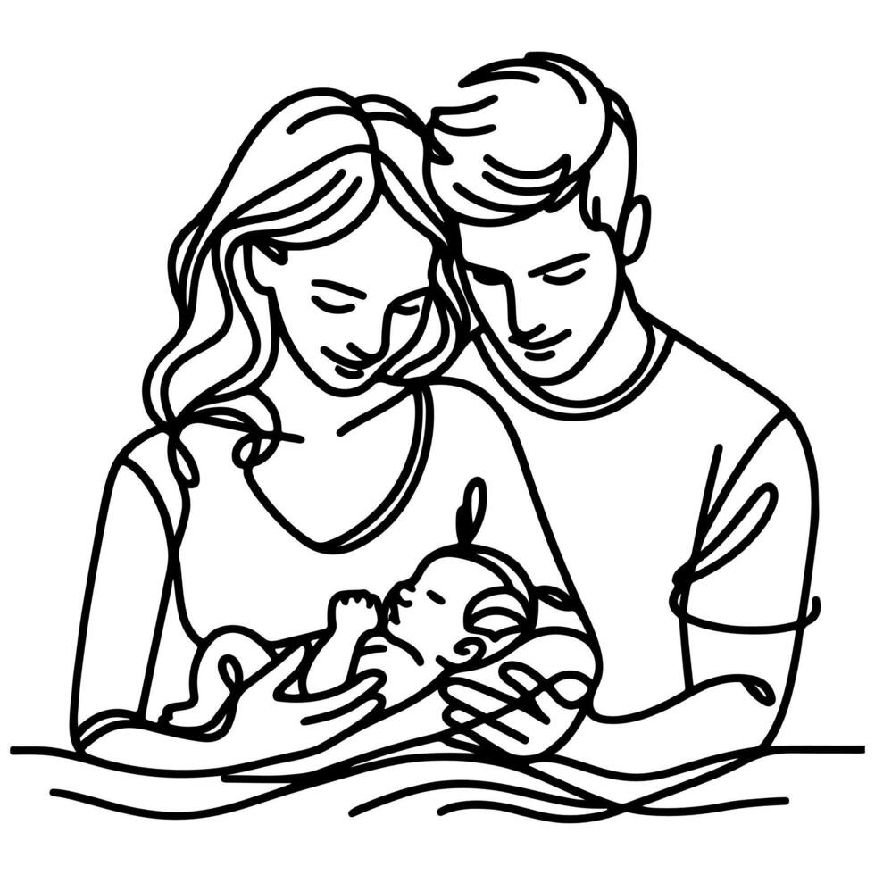 doorlopend een zwart lijn kunst tekening ouders met pasgeboren baby doodles schets stijl vector illustratie Aan wit achtergrond