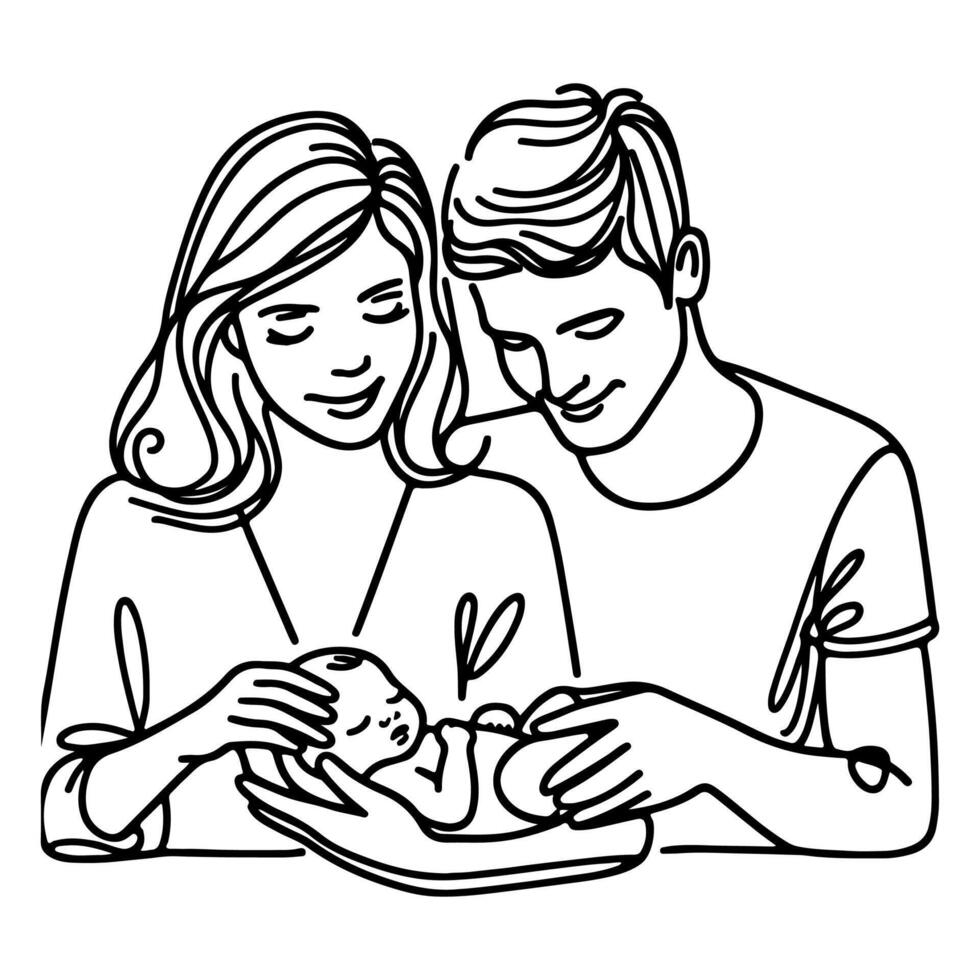 doorlopend een zwart lijn kunst tekening ouders met pasgeboren baby doodles schets stijl vector illustratie Aan wit achtergrond