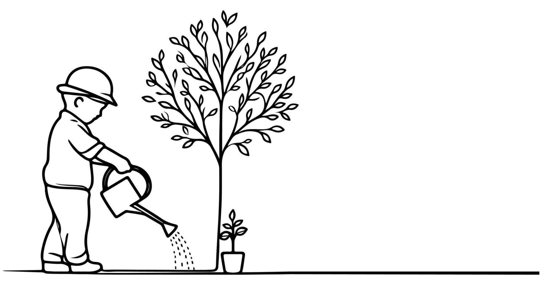 doorlopend een zwart lijn kunst tekening silhouet van kinderen gieter een boom. aanplant boom naar opslaan de wereld en aarde dag verminderen globaal opwarming groei concept vector illustratie Aan wit achtergrond