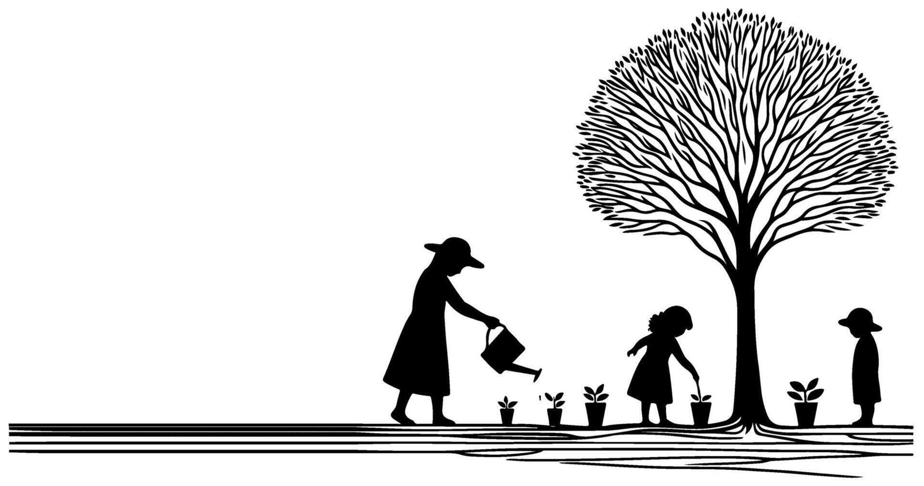 doorlopend een zwart lijn kunst tekening silhouet van kinderen gieter een boom. aanplant boom naar opslaan de wereld en aarde dag verminderen globaal opwarming groei concept vector illustratie Aan wit achtergrond