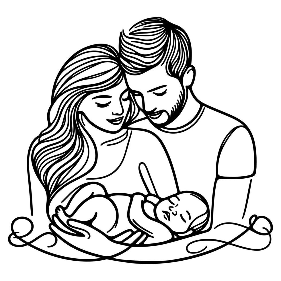 doorlopend een zwart lijn kunst tekening ouders met pasgeboren baby doodles schets stijl vector illustratie Aan wit achtergrond