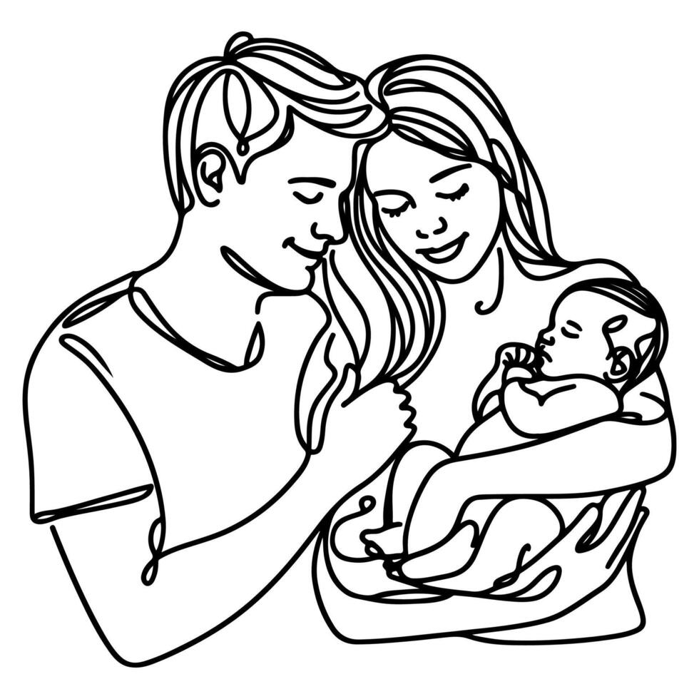 doorlopend een zwart lijn kunst tekening ouders met pasgeboren baby doodles schets stijl vector illustratie Aan wit achtergrond