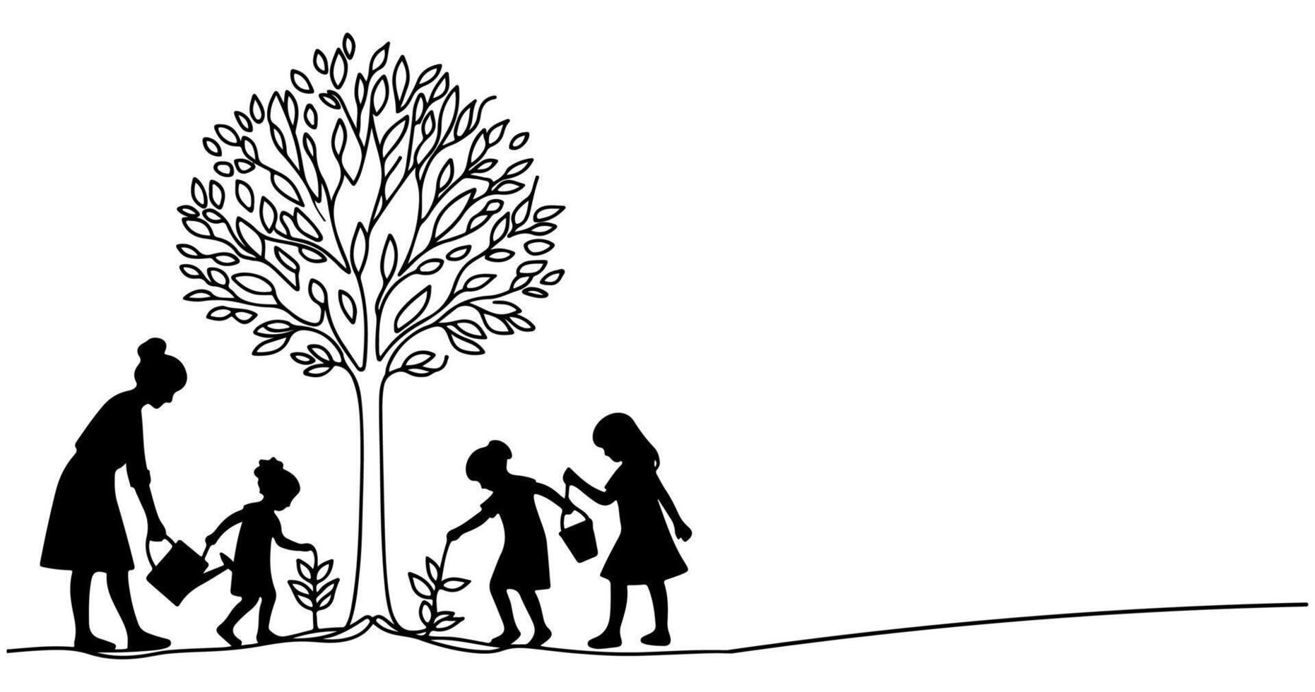 doorlopend een zwart lijn kunst tekening silhouet van kinderen gieter een boom. aanplant boom naar opslaan de wereld en aarde dag verminderen globaal opwarming groei concept vector illustratie Aan wit achtergrond