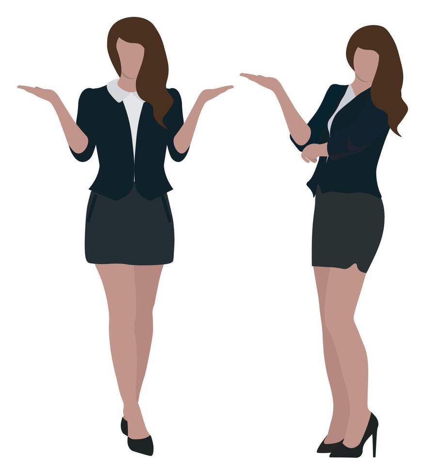 vector illustratie van twee meisjes zonder gezichten in kantoor kleren in verschillend poses Aan een wit achtergrond