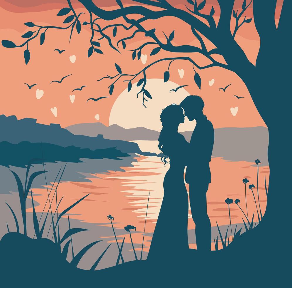 vector illustratie vlak stijl silhouetten van een paar in liefde, meisje en jongen, vakantie Valentijnsdag dag februari 14. vector illustratie in vlak stijl met natuur achtergrond