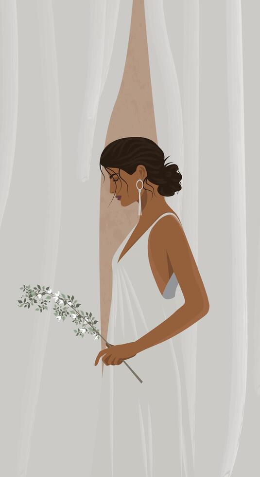 vector illustratie van een portret van een mooi gebruind meisje vrouw bruid in een wit model- jurk poseren met een bloem in haar handen